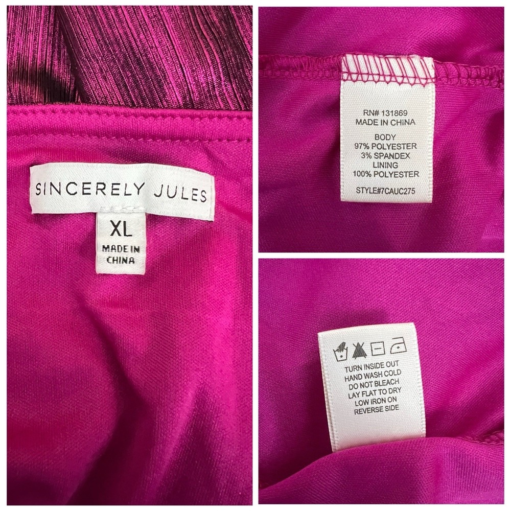 Y2K Mini Slip Dress XL Magenta Satin Cowl Neck Mini Glam Party Metallic Rave - Picture 7 of 7